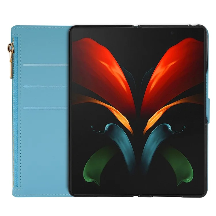 Zipper Wallet Shell for Samsung Galaxy Z Fold5 5G Leather Stand Case Laser Carving Glittery Phone Cover with Strap - Blue