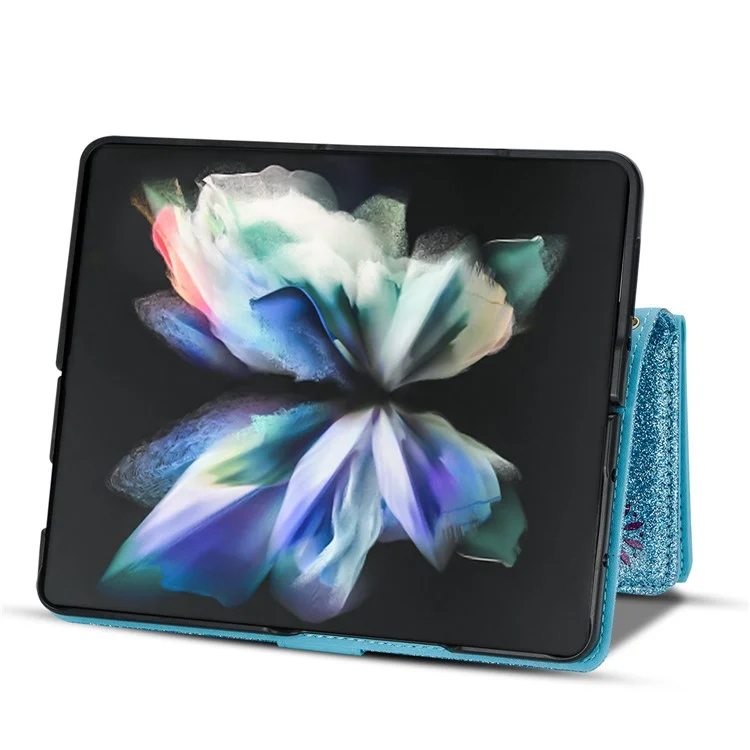 Zipper Wallet Shell for Samsung Galaxy Z Fold5 5G Leather Stand Case Laser Carving Glittery Phone Cover with Strap - Blue