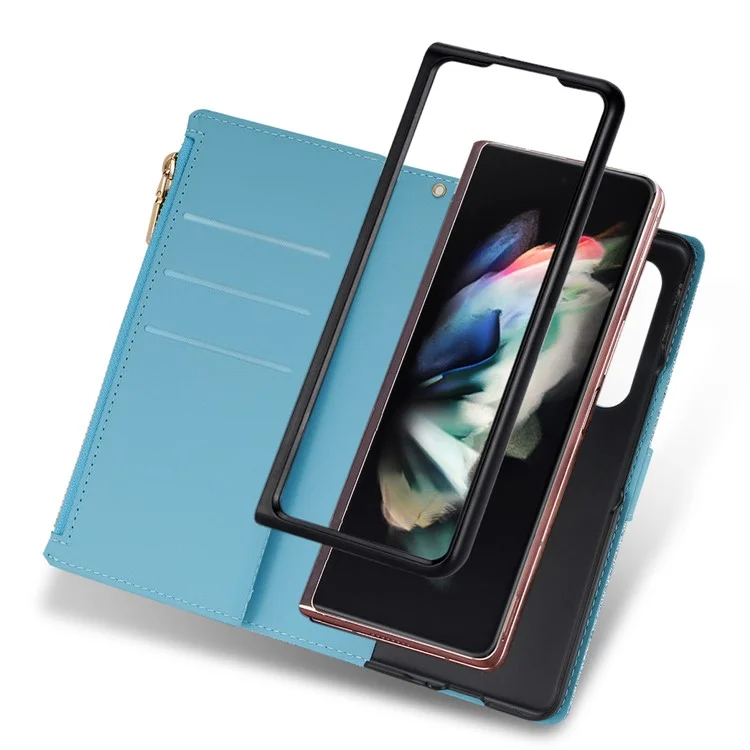 Zipper Wallet Shell for Samsung Galaxy Z Fold5 5G Leather Stand Case Laser Carving Glittery Phone Cover with Strap - Blue