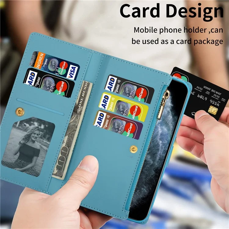 Zipper Wallet Shell for Samsung Galaxy Z Fold5 5G Leather Stand Case Laser Carving Glittery Phone Cover with Strap - Blue
