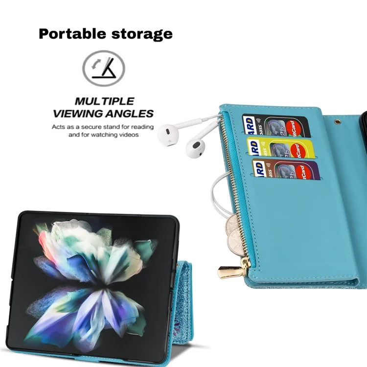 Zipper Wallet Shell for Samsung Galaxy Z Fold5 5G Leather Stand Case Laser Carving Glittery Phone Cover with Strap - Blue