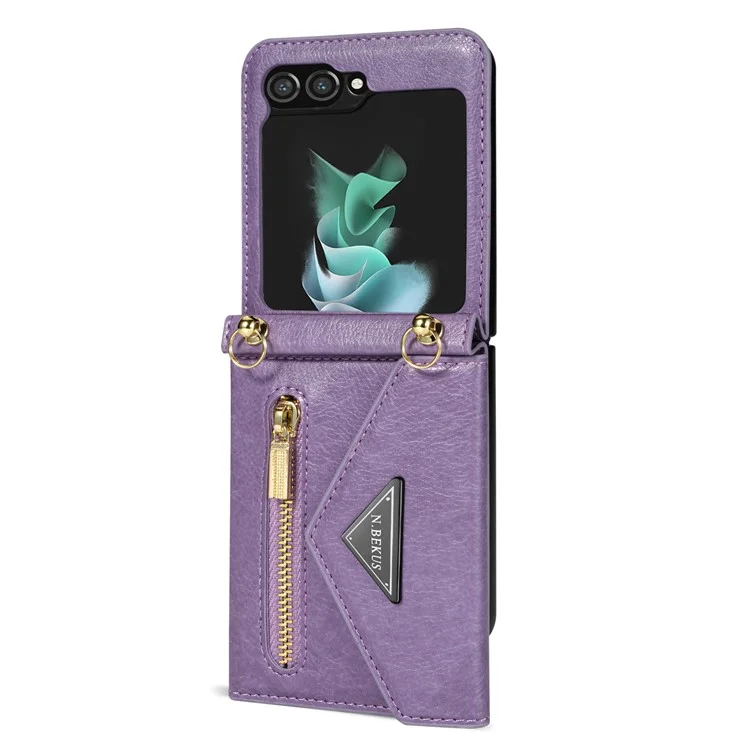 N.BEKUS Für Samsung Galaxy Z Flip5 5G Handyhülle PU-Leder beschichtet PC Reißverschlusstasche Kartenfächer Cover mit Schultergurt - Lila