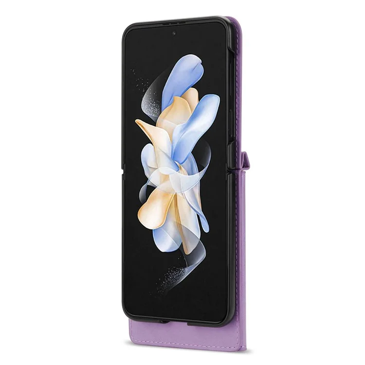 N.BEKUS Für Samsung Galaxy Z Flip5 5G Handyhülle PU-Leder beschichtet PC Reißverschlusstasche Kartenfächer Cover mit Schultergurt - Lila
