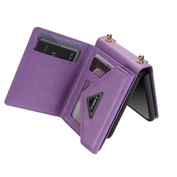 N.BEKUS Für Samsung Galaxy Z Flip5 5G Handyhülle PU-Leder beschichtet PC Reißverschlusstasche Kartenfächer Cover mit Schultergurt - Lila