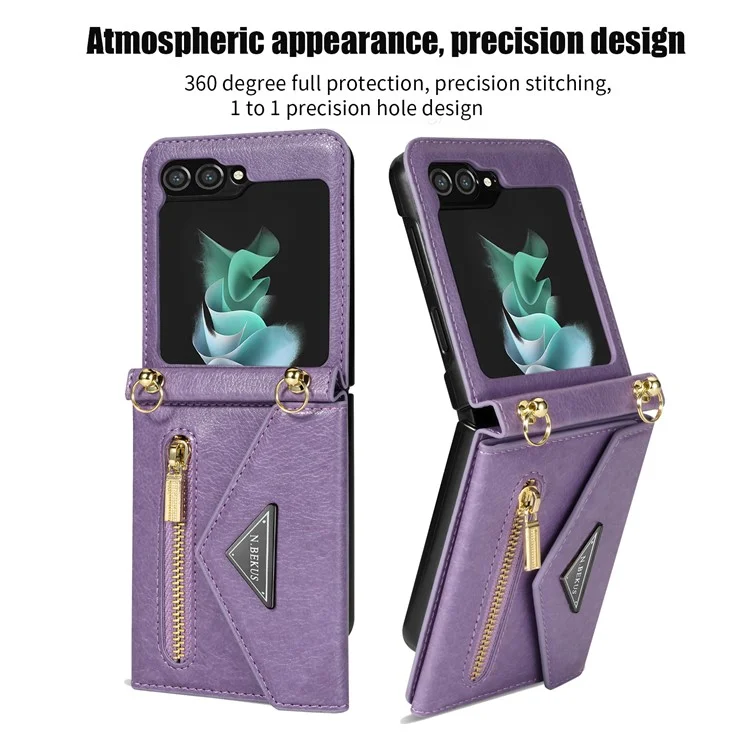 N.BEKUS Für Samsung Galaxy Z Flip5 5G Handyhülle PU-Leder beschichtet PC Reißverschlusstasche Kartenfächer Cover mit Schultergurt - Lila