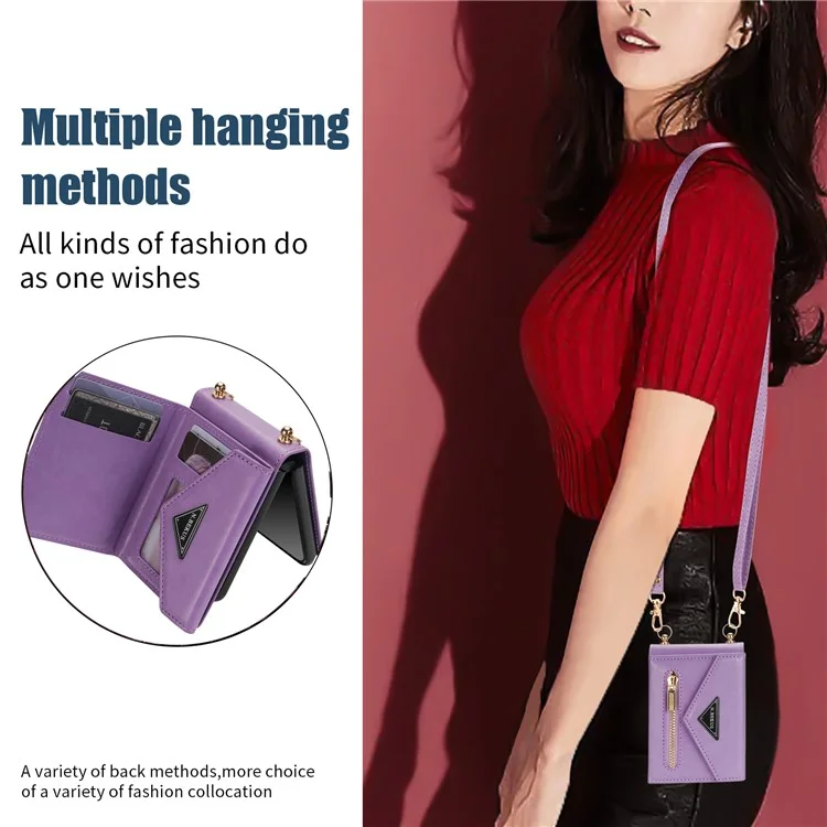 N.BEKUS Für Samsung Galaxy Z Flip5 5G Handyhülle PU-Leder beschichtet PC Reißverschlusstasche Kartenfächer Cover mit Schultergurt - Lila