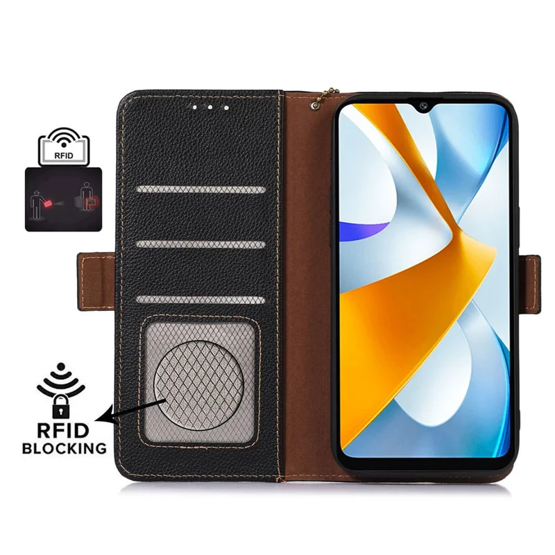 RFID Blocking Phone Case for Xiaomi Redmi 12 4G , Genuine Cow Leather Stand Wallet Anti-drop Cover - Black