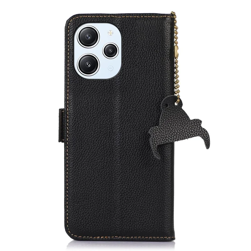 RFID Blocking Phone Case for Xiaomi Redmi 12 4G , Genuine Cow Leather Stand Wallet Anti-drop Cover - Black