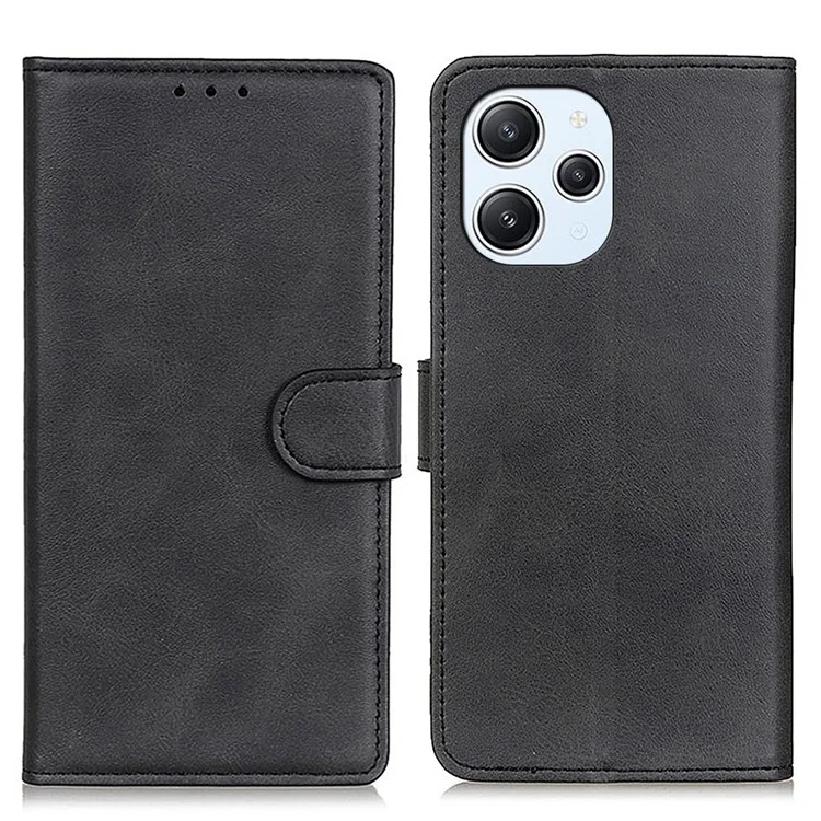 Для Xiaomi Redmi 12 4G Чехол для телефона из телячьей кожи TPU+PU Leather Wallet Stand Cover - Черный