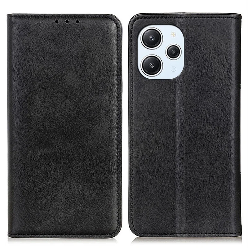 Split Leather Wallet Phone Case för Xiaomi Redmi 12 4G, Phone Stand Cover Anti-scratch Cowhide Texture Skal - Svart
