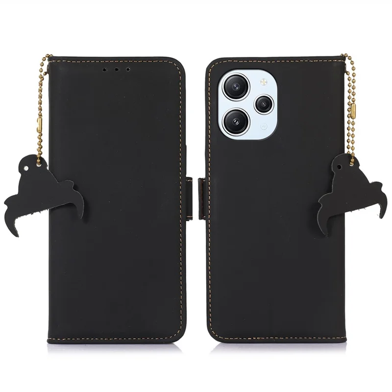 Funda para Xiaomi Redmi 12 4G de piel de vaca auténtica+TPU Cartera con bloqueo RFID Funda de teléfono - Negro