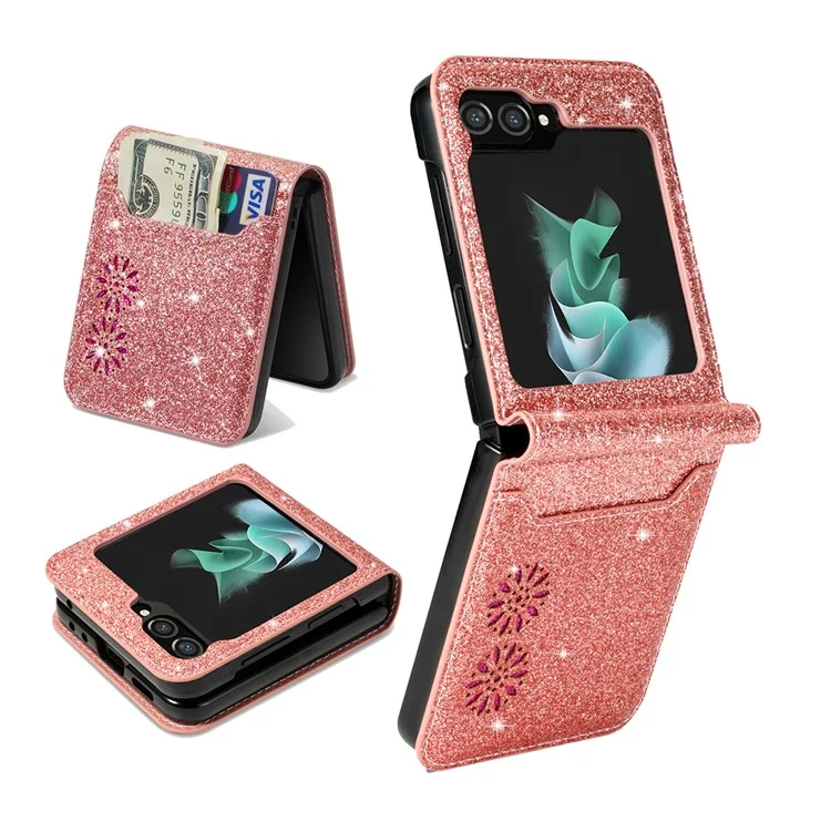Pour Samsung Galaxy Z Flip5 5G Étui en cuir PU + fente pour carte PC Conception de gravure au laser Style d'étoiles scintillantes Housse de téléphone - Or rose