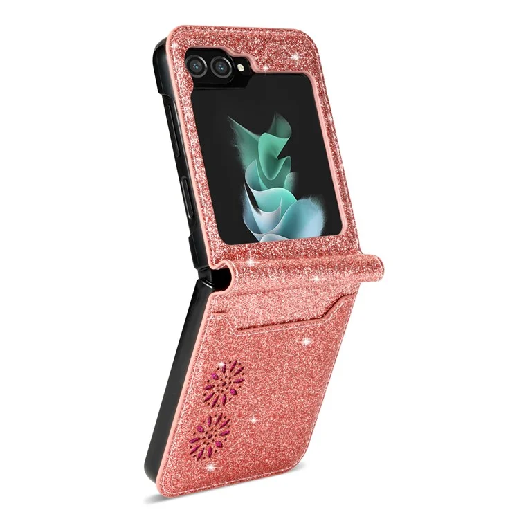 Pour Samsung Galaxy Z Flip5 5G Étui en cuir PU + fente pour carte PC Conception de gravure au laser Style d'étoiles scintillantes Housse de téléphone - Or rose