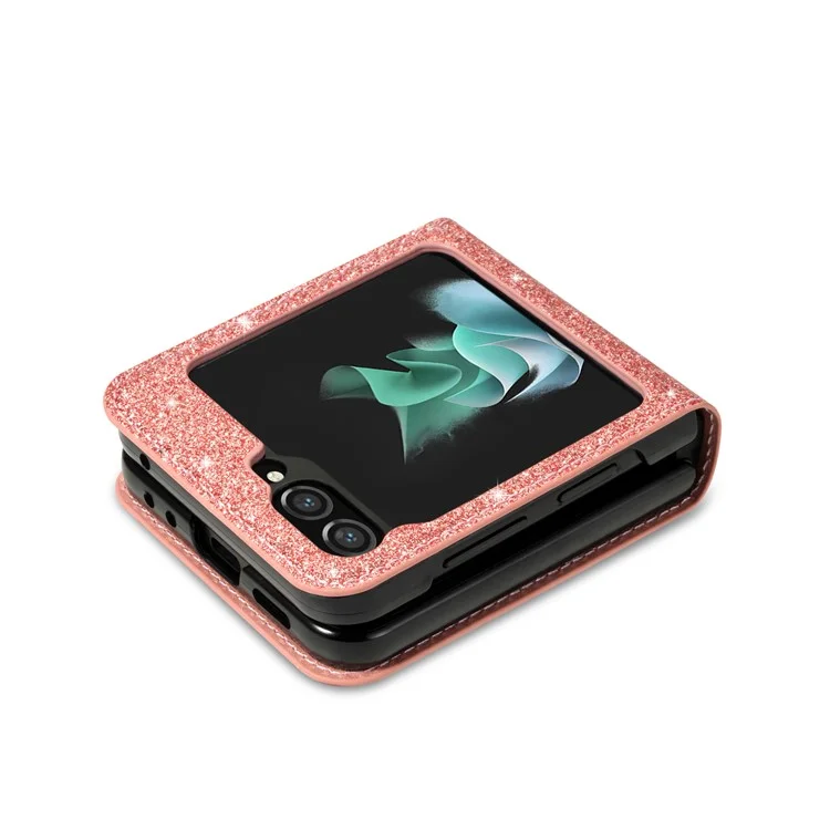 Pour Samsung Galaxy Z Flip5 5G Étui en cuir PU + fente pour carte PC Conception de gravure au laser Style d'étoiles scintillantes Housse de téléphone - Or rose