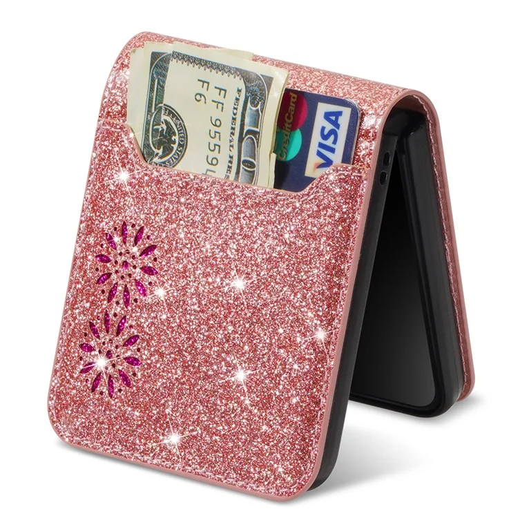 Pour Samsung Galaxy Z Flip5 5G Étui en cuir PU + fente pour carte PC Conception de gravure au laser Style d'étoiles scintillantes Housse de téléphone - Or rose