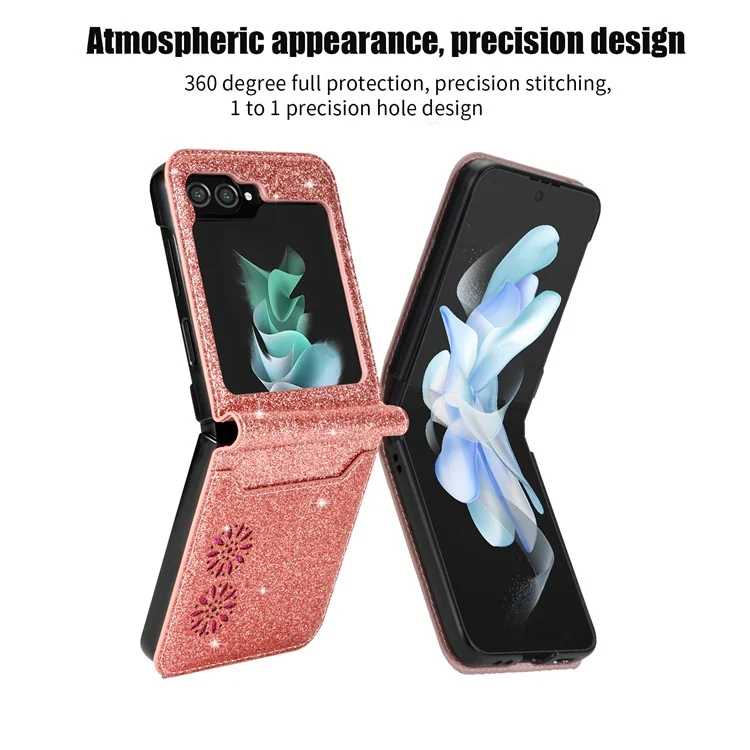 Pour Samsung Galaxy Z Flip5 5G Étui en cuir PU + fente pour carte PC Conception de gravure au laser Style d'étoiles scintillantes Housse de téléphone - Or rose
