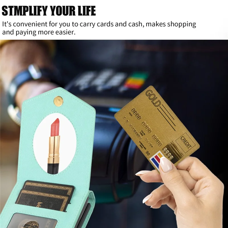 Для Samsung Galaxy Z Flip5 5G RFID Blocking Phone Case PU Leather + PC Card Slot Cover with Makeup Mirror / Shoulder Strap - Mint Green