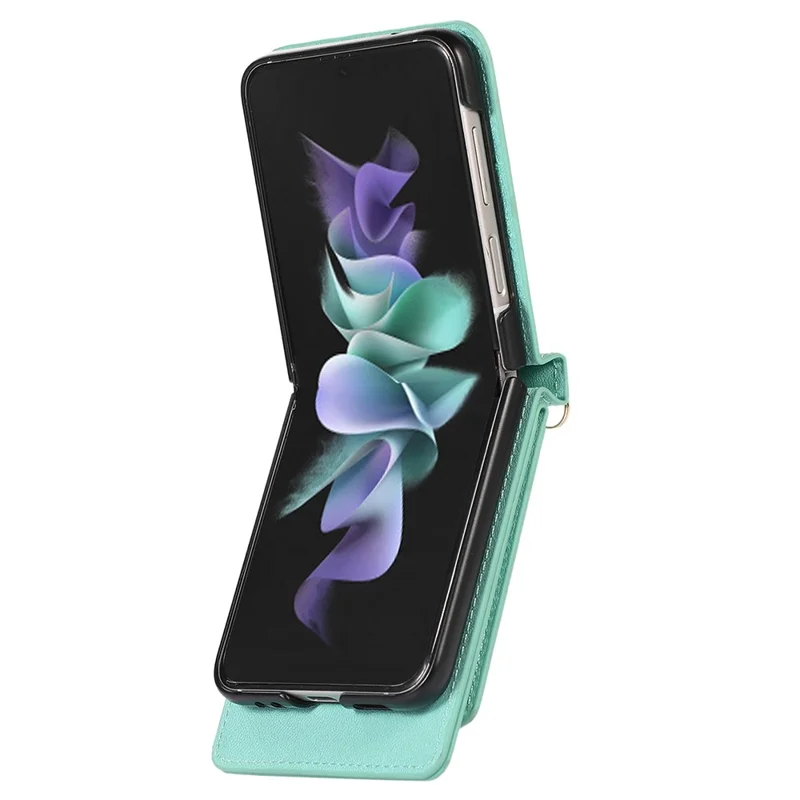 Для Samsung Galaxy Z Flip5 5G RFID Blocking Phone Case PU Leather + PC Card Slot Cover with Makeup Mirror / Shoulder Strap - Mint Green
