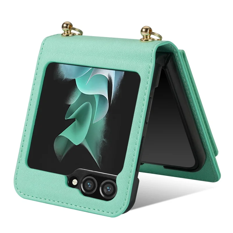 Для Samsung Galaxy Z Flip5 5G RFID Blocking Phone Case PU Leather + PC Card Slot Cover with Makeup Mirror / Shoulder Strap - Mint Green