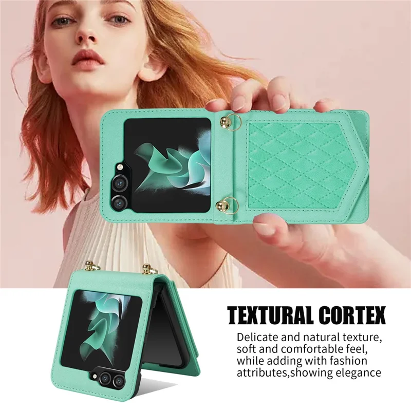 Для Samsung Galaxy Z Flip5 5G RFID Blocking Phone Case PU Leather + PC Card Slot Cover with Makeup Mirror / Shoulder Strap - Mint Green