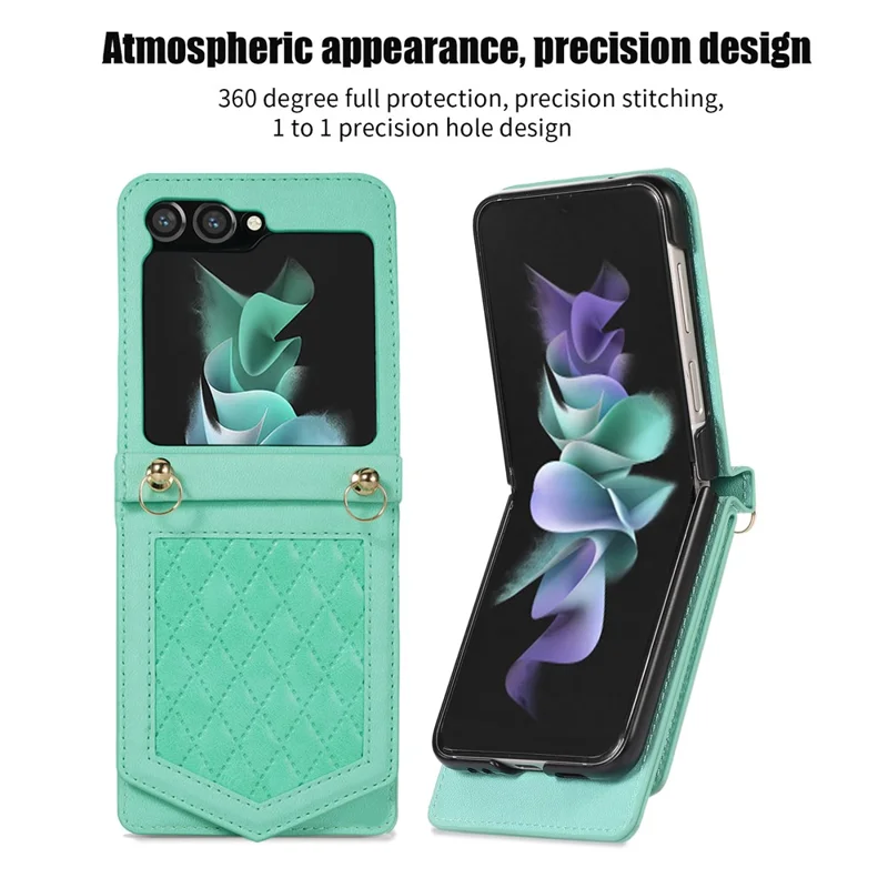 Для Samsung Galaxy Z Flip5 5G RFID Blocking Phone Case PU Leather + PC Card Slot Cover with Makeup Mirror / Shoulder Strap - Mint Green