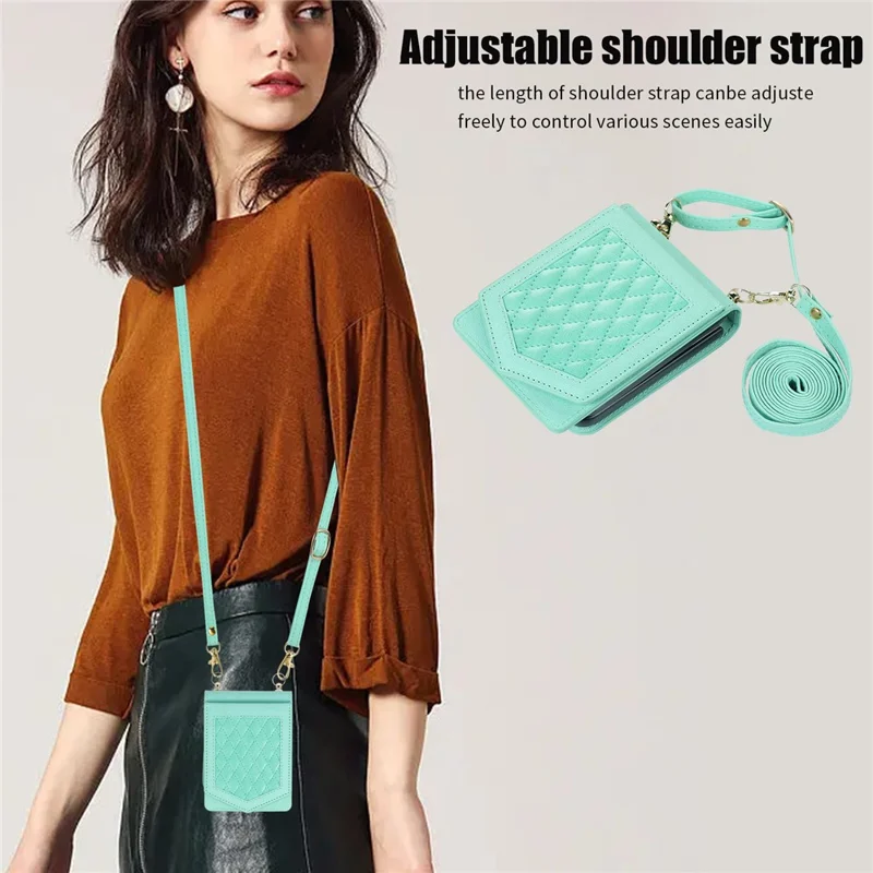 Для Samsung Galaxy Z Flip5 5G RFID Blocking Phone Case PU Leather + PC Card Slot Cover with Makeup Mirror / Shoulder Strap - Mint Green