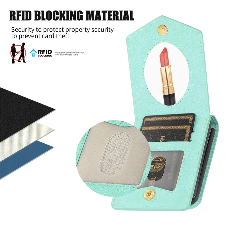 Для Samsung Galaxy Z Flip5 5G RFID Blocking Phone Case PU Leather + PC Card Slot Cover with Makeup Mirror / Shoulder Strap - Mint Green