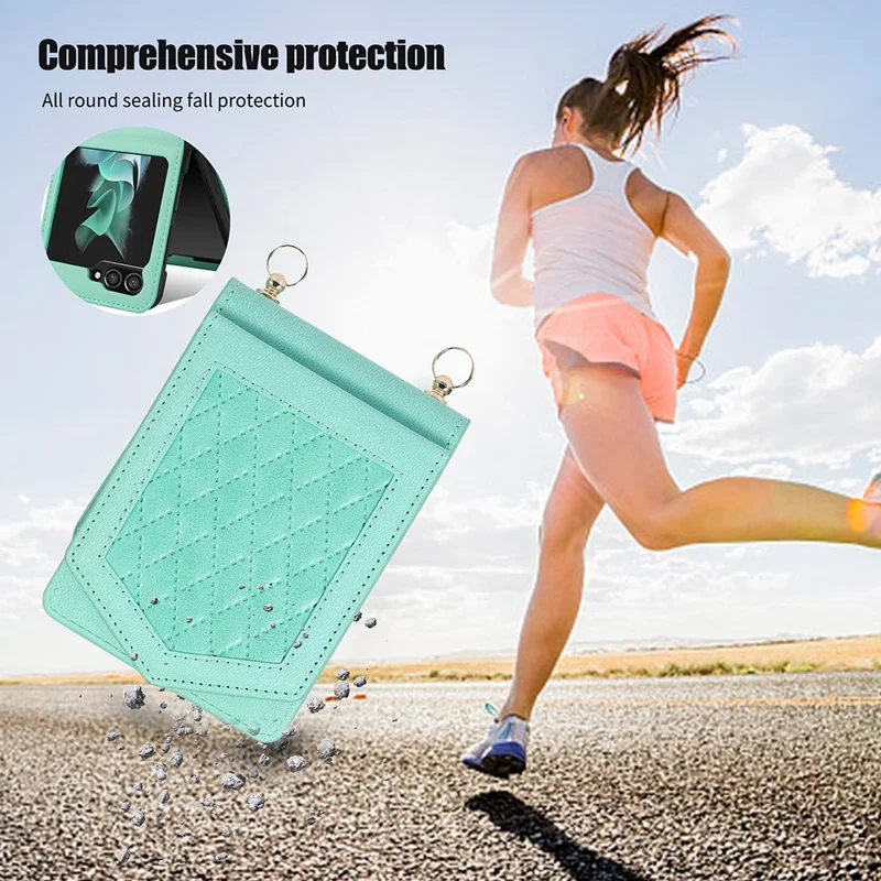 Для Samsung Galaxy Z Flip5 5G RFID Blocking Phone Case PU Leather + PC Card Slot Cover with Makeup Mirror / Shoulder Strap - Mint Green
