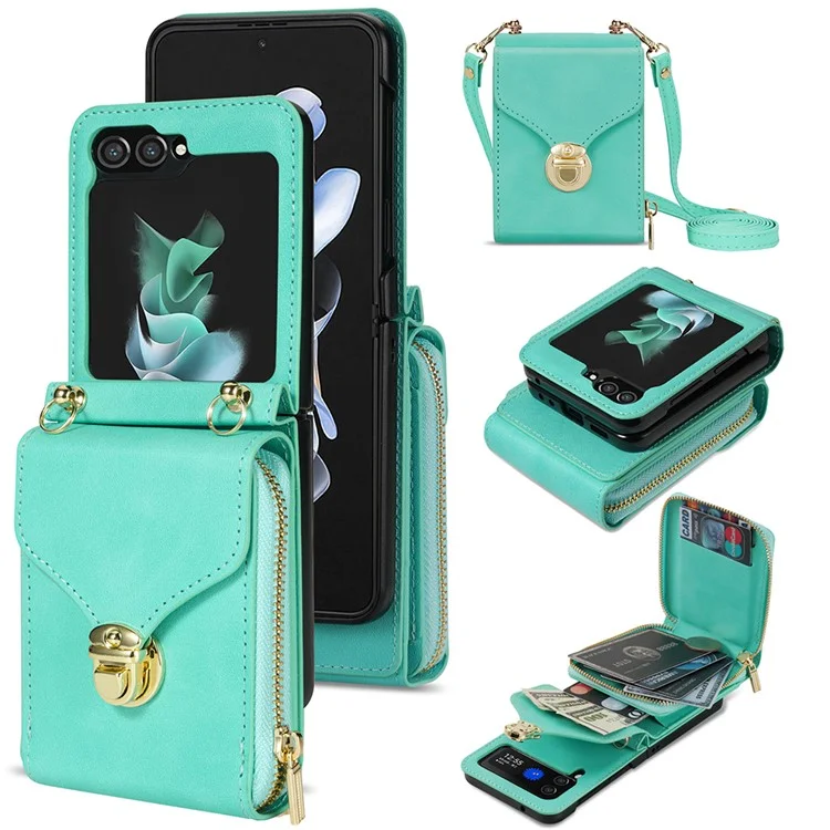 Para Samsung Galaxy Z Flip5 5G PU Leather Coated TPU+PC Phone Case Zipper Pocket Card Slot Cover with Shoulder Strap - Mint Green