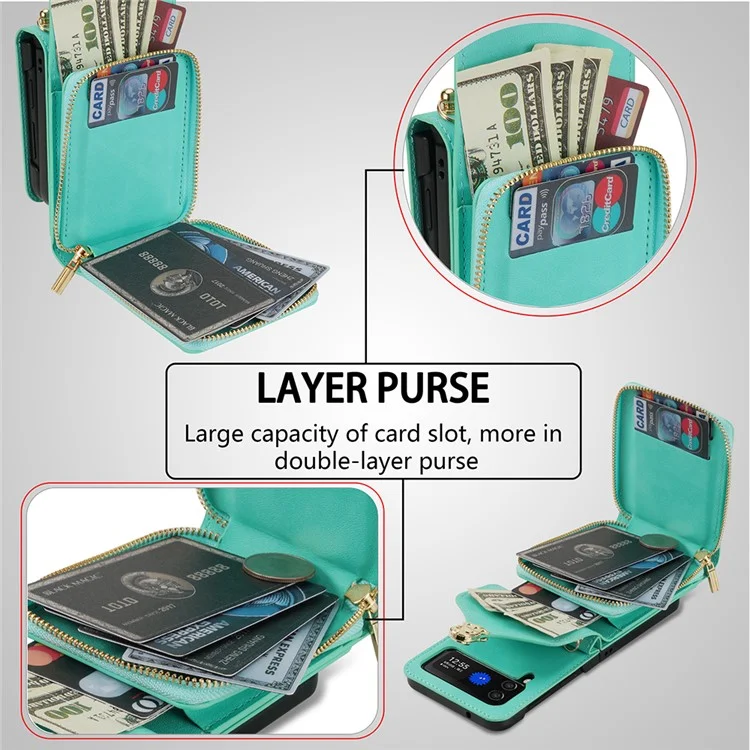 Para Samsung Galaxy Z Flip5 5G PU Leather Coated TPU+PC Phone Case Zipper Pocket Card Slot Cover with Shoulder Strap - Mint Green
