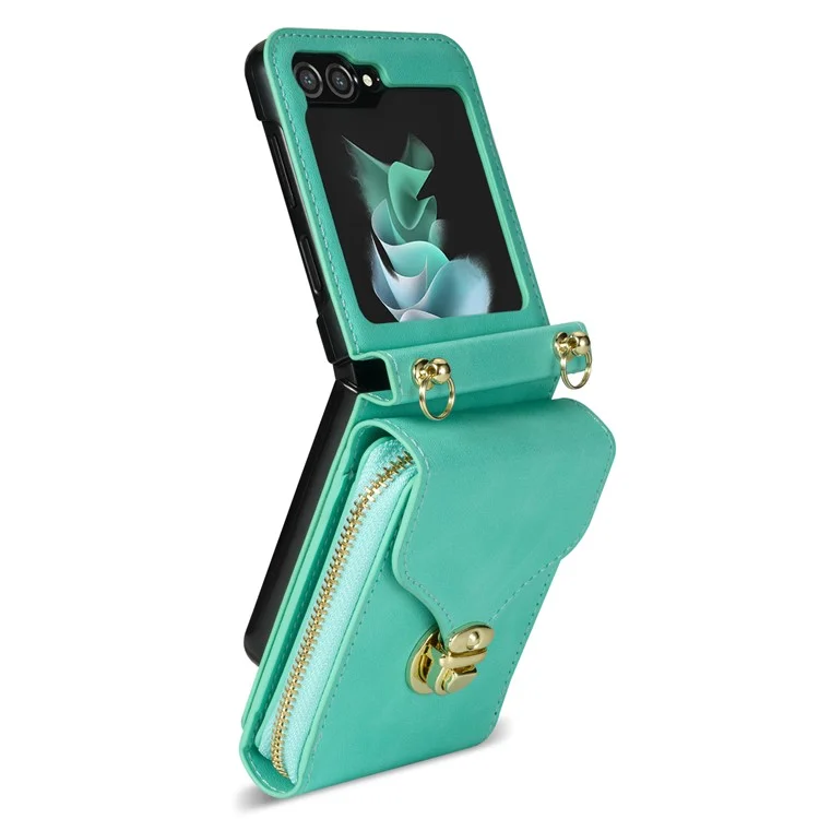 Para Samsung Galaxy Z Flip5 5G PU Leather Coated TPU+PC Phone Case Zipper Pocket Card Slot Cover with Shoulder Strap - Mint Green