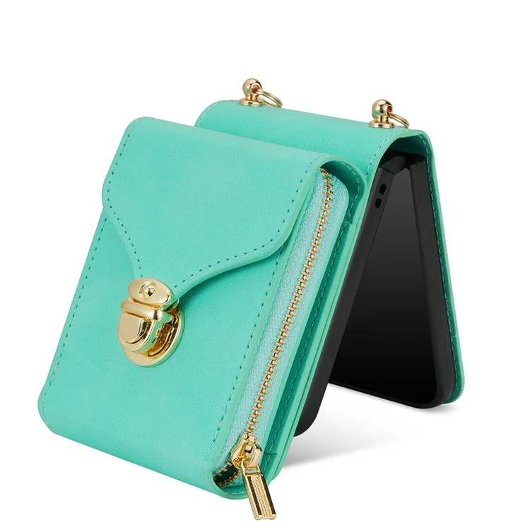 Para Samsung Galaxy Z Flip5 5G PU Leather Coated TPU+PC Phone Case Zipper Pocket Card Slot Cover with Shoulder Strap - Mint Green