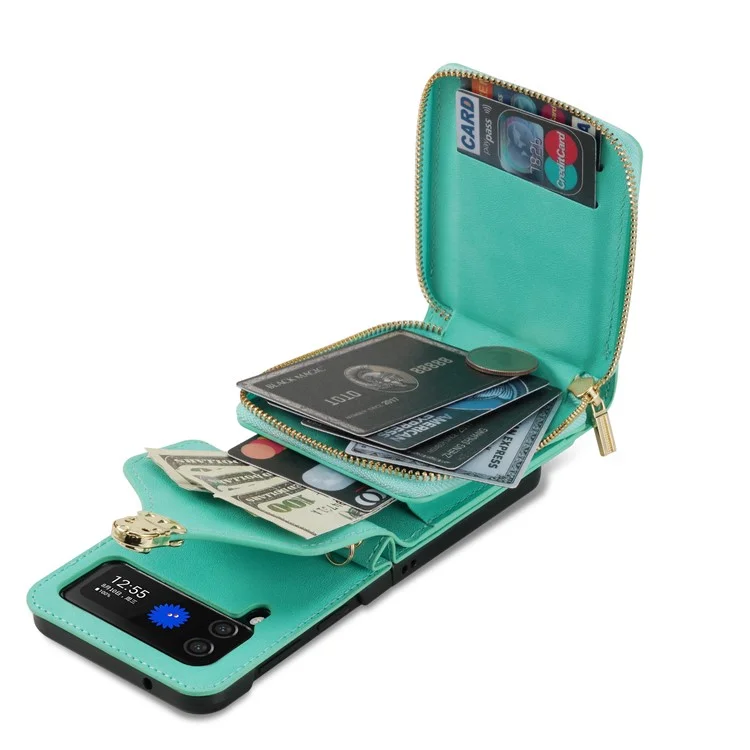 Para Samsung Galaxy Z Flip5 5G PU Leather Coated TPU+PC Phone Case Zipper Pocket Card Slot Cover with Shoulder Strap - Mint Green