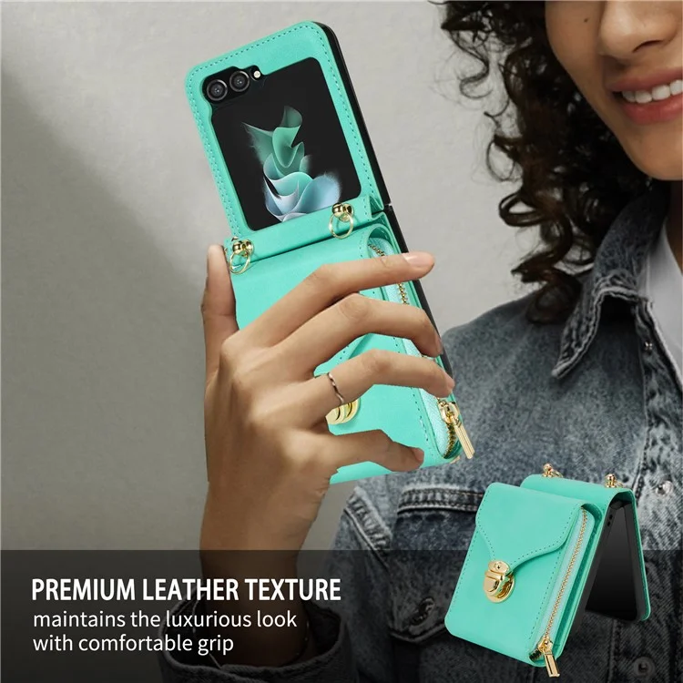 Para Samsung Galaxy Z Flip5 5G PU Leather Coated TPU+PC Phone Case Zipper Pocket Card Slot Cover with Shoulder Strap - Mint Green