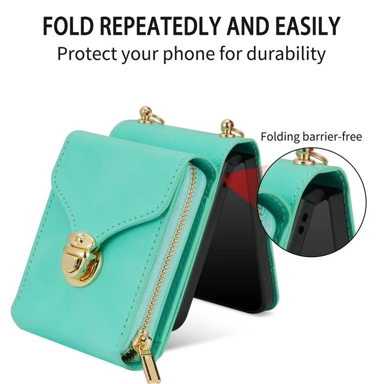 Para Samsung Galaxy Z Flip5 5G PU Leather Coated TPU+PC Phone Case Zipper Pocket Card Slot Cover with Shoulder Strap - Mint Green