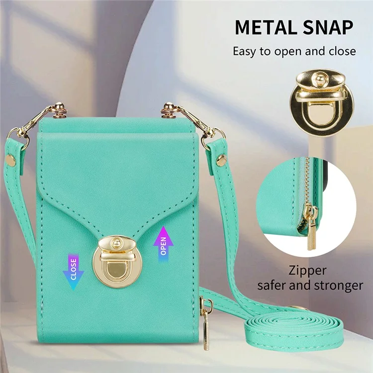 Para Samsung Galaxy Z Flip5 5G PU Leather Coated TPU+PC Phone Case Zipper Pocket Card Slot Cover with Shoulder Strap - Mint Green