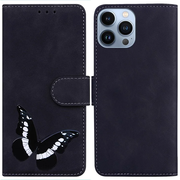 For iPhone 15 Pro Max Anti-scratch Flip Stand Wallet Case PU Leather Butterfly Printing Phone Cover - Black