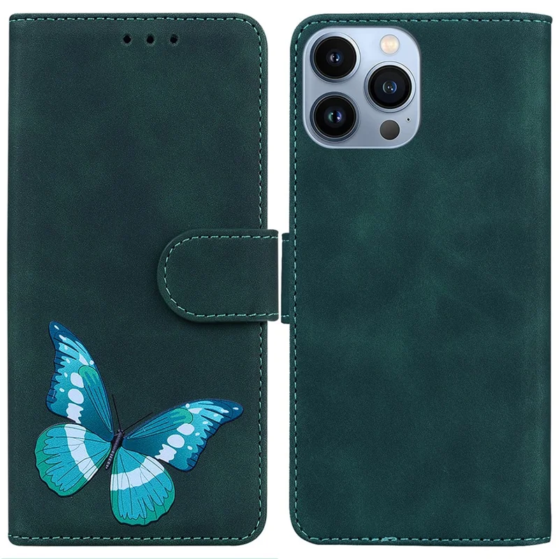 For iPhone 15 Pro Max Anti-scratch Flip Stand Wallet Case PU Leather Butterfly Printing Phone Cover - Green