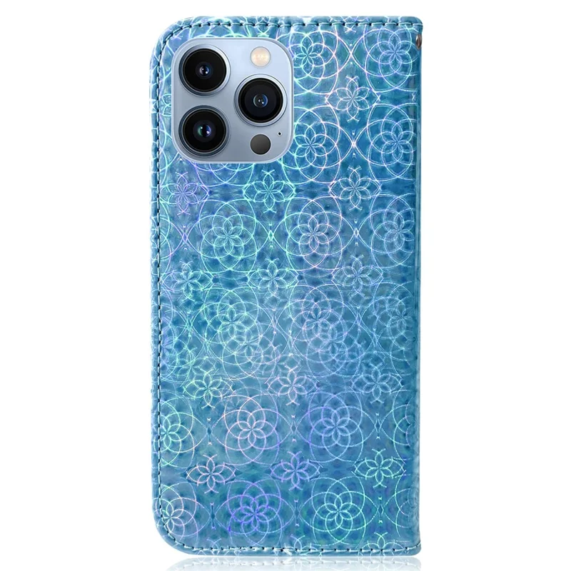 Stand-Geldbeutel-Hülle für iPhone 15 Pro Max, funkelndes Blumenmuster-Leder-Handyhülle - Blau