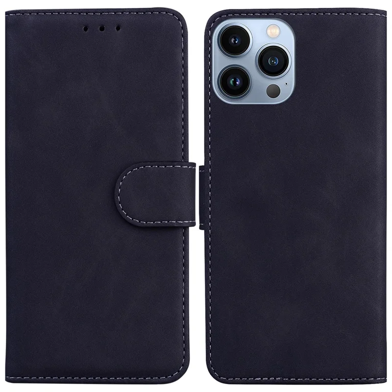 For iPhone 15 Pro Max Anti-Scratch Phone Case Stand PU Leather Wallet Solid Color Mobile Phone Cover - Black