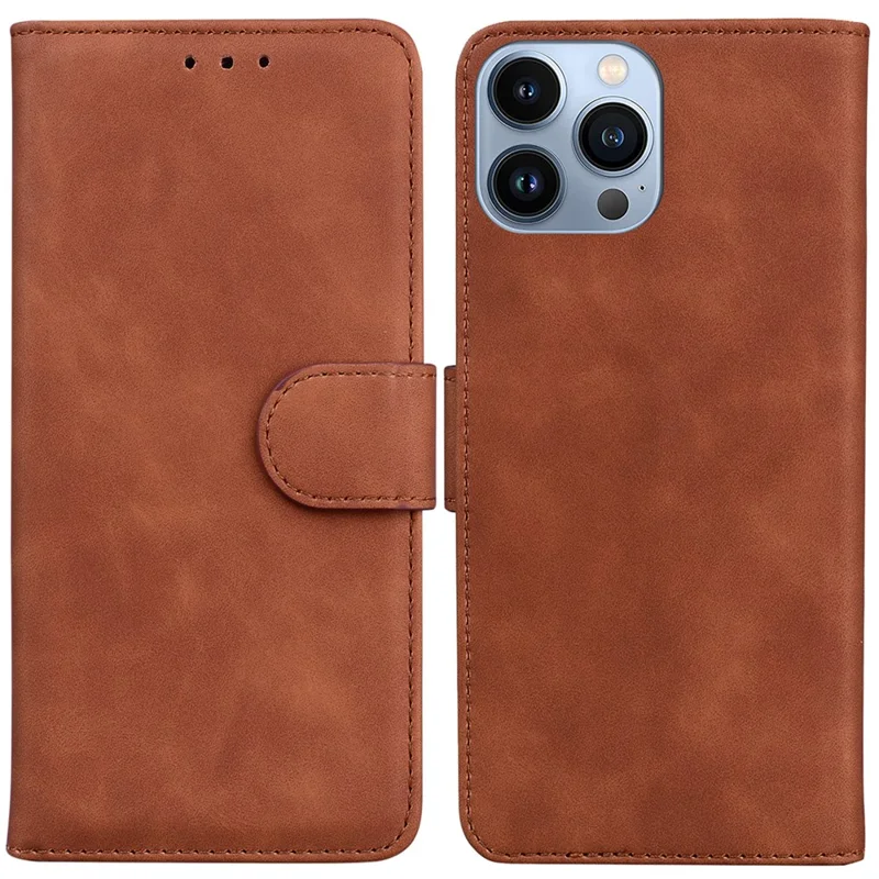 For iPhone 15 Pro Max Anti-Scratch Phone Case Stand PU Leather Wallet Solid Color Mobile Phone Cover - Brown