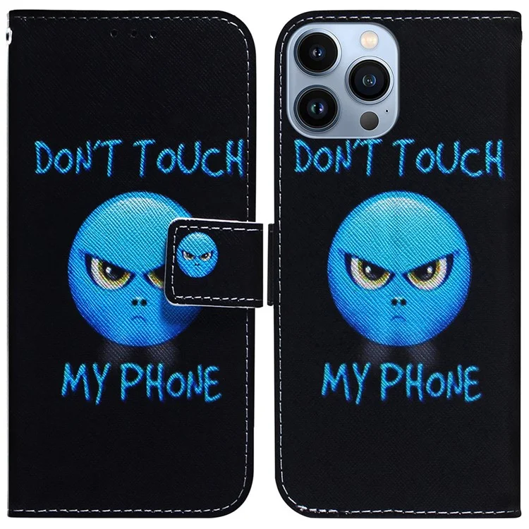 For iPhone 15 Pro Max Leather Phone Case Wallet Stand Pattern Printing Cover - Don't Touch My Phone
