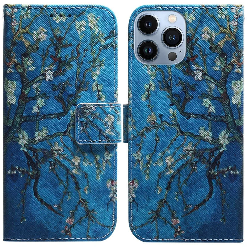 For iPhone 15 Pro Max Leather Phone Case Wallet Stand Pattern Printing Cover - Apricot Flowers