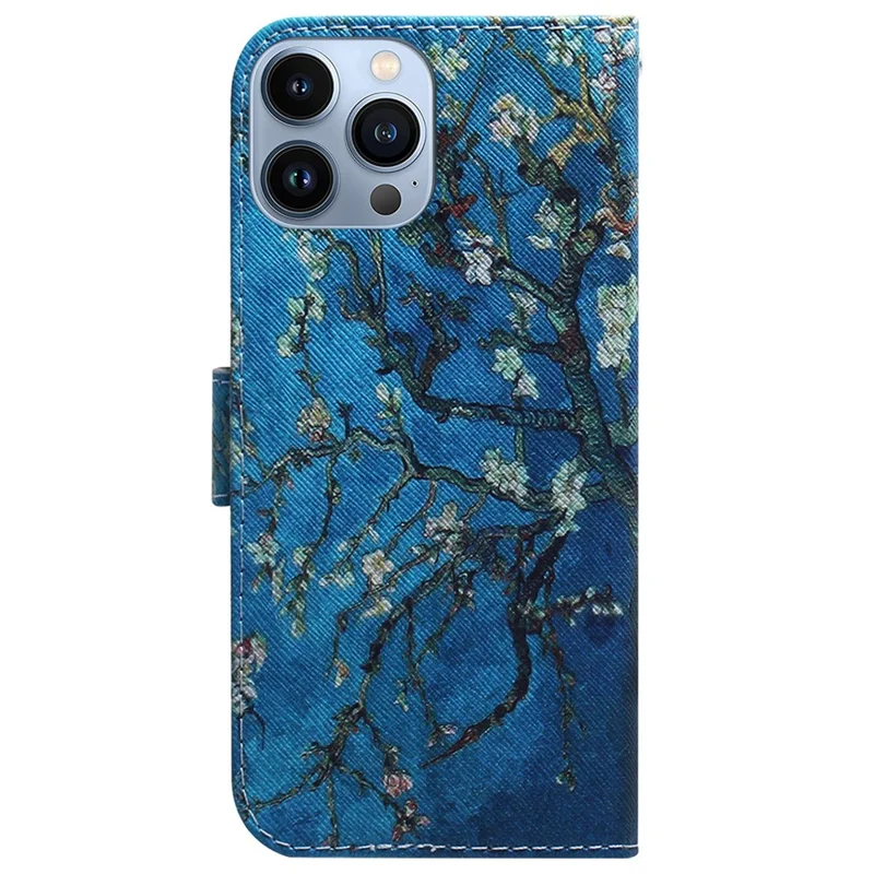 For iPhone 15 Pro Max Leather Phone Case Wallet Stand Pattern Printing Cover - Apricot Flowers