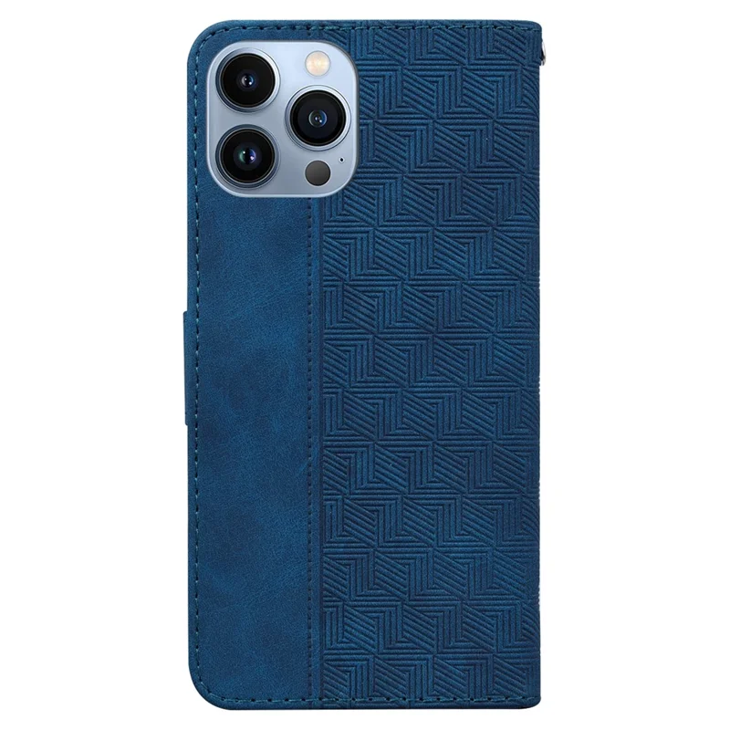 For iPhone 15 Pro Max Geometry Imprint PU Leather Phone Case Foldable Stand Wallet Cover - Blue