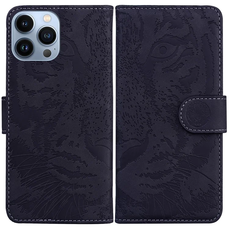 Para iPhone 15 Pro Imprinted Tiger Phone Leather Case Stand Wallet Phone Cover - Negro