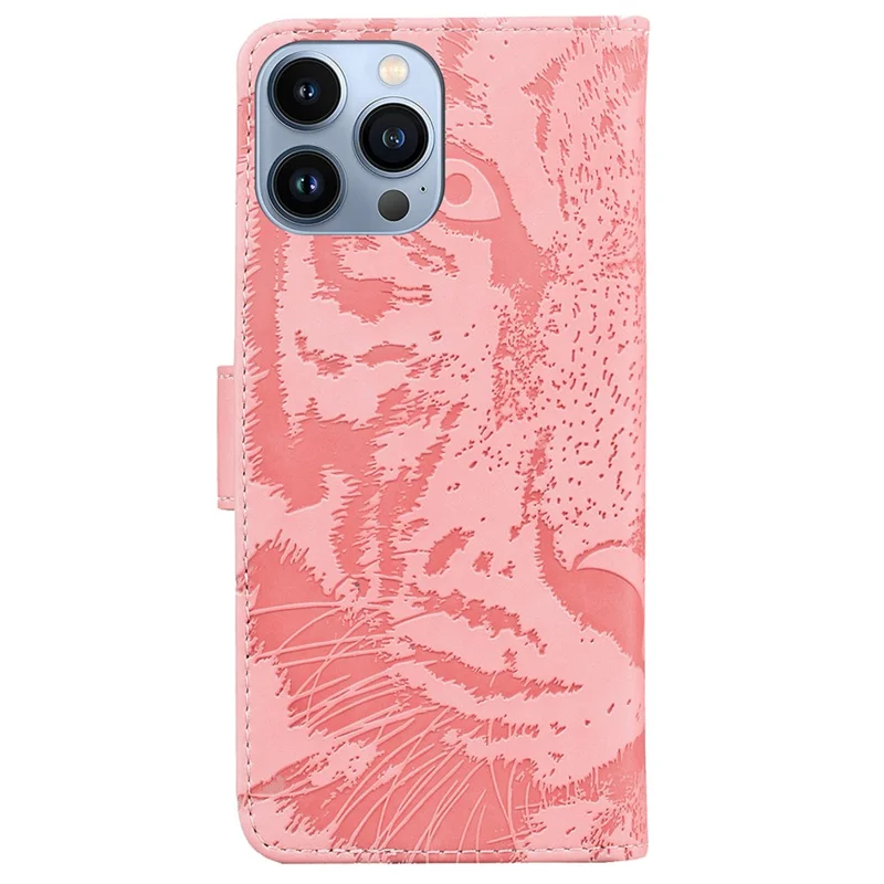 For iPhone 15 Pro Imprinted Tiger Phone Leather Case Stand Wallet Phone Cover - Pink