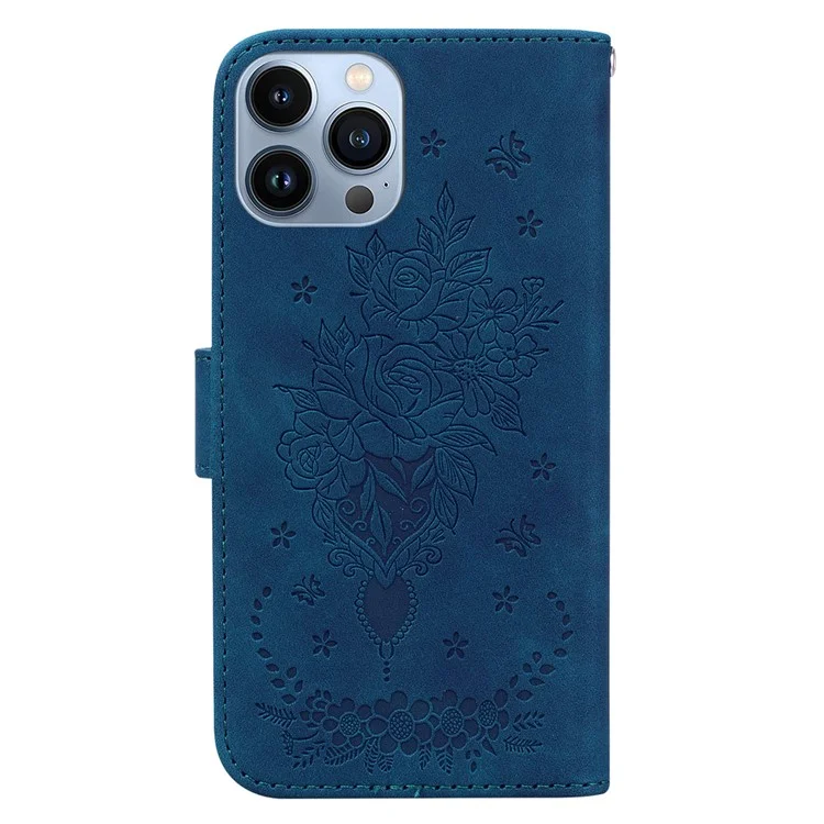 Pour iPhone 15 Pro Wallet Phone Case Stand Rose Butterfly Imprinted PU Leather Phone Cover - Bleu