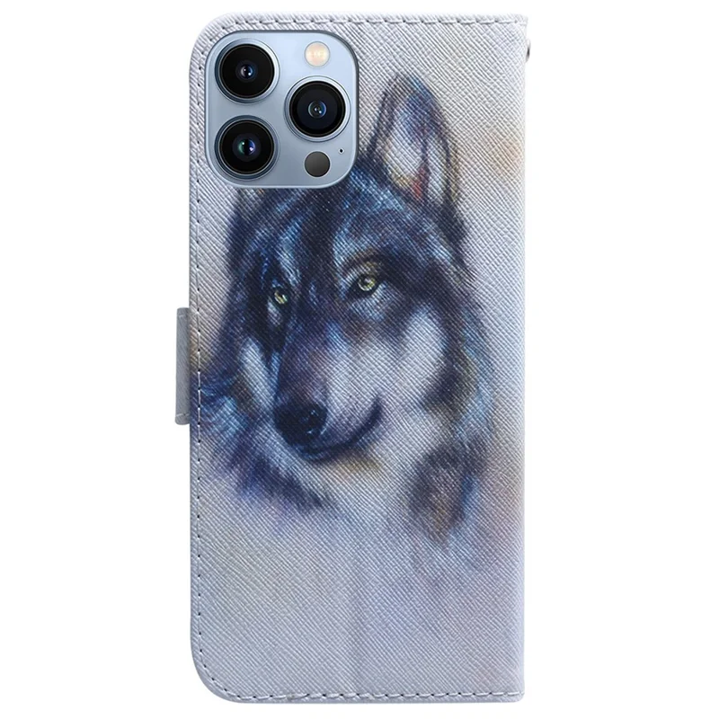 For iPhone 15 Pro Wallet Flip Phone Case PU Leather Pattern Printing Stand Magnetic Closure Cover - Wolf