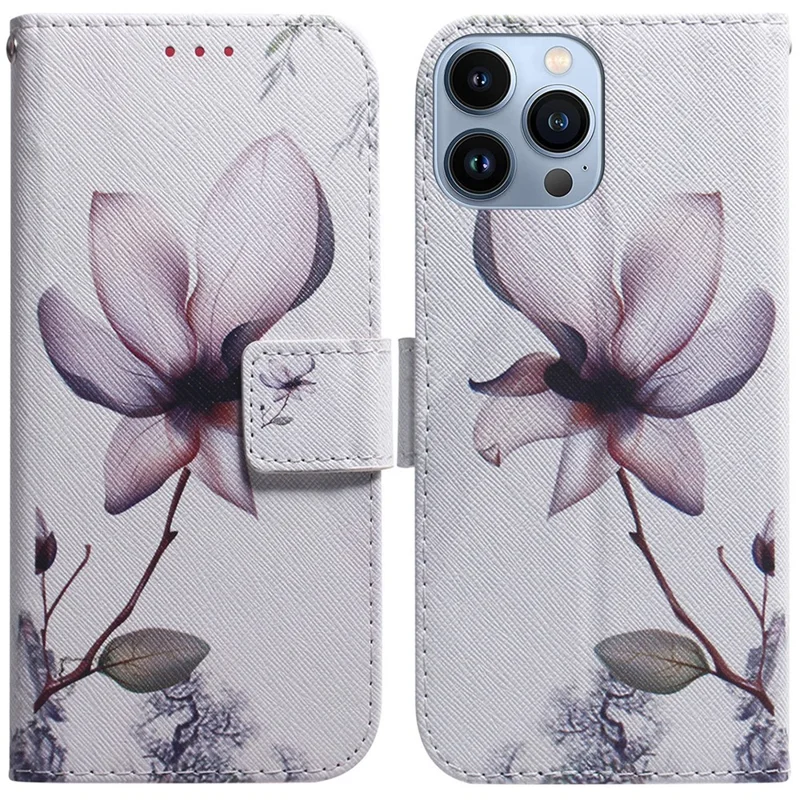 For iPhone 15 Pro Wallet Flip Phone Case PU Leather Pattern Printing Stand Magnetic Closure Cover - Pink Flower
